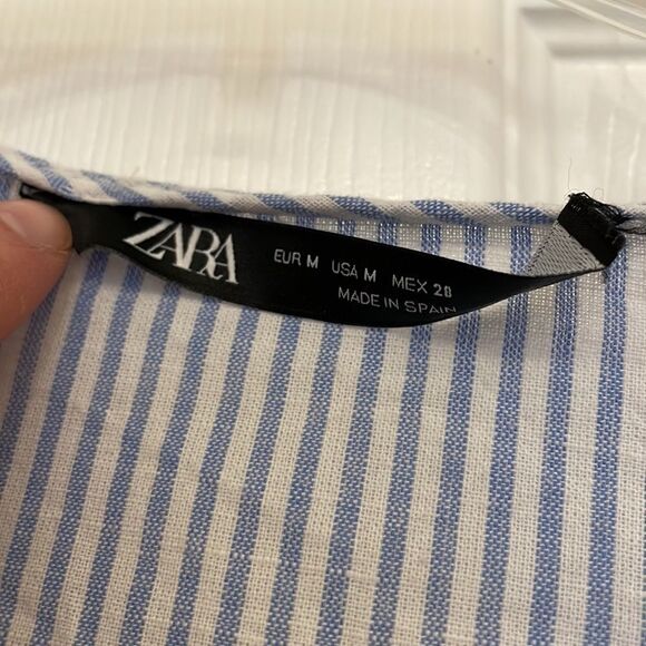 Zara Light Blue & White Striped Asymmetrical Hem Bell Sleeve Top with drawstring - Picture 5 of 7